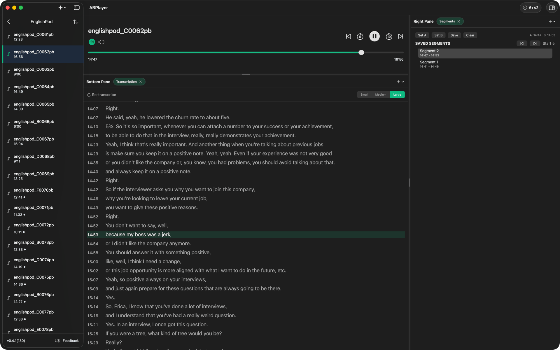ABPlayer 主界面 — 侧边栏、字幕区、播放器